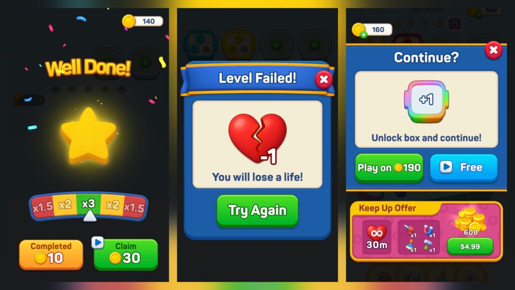 Screwdom 3D‘s Players can treasure chest rewards upon completing levels, uncertainty when using reward multipliers.